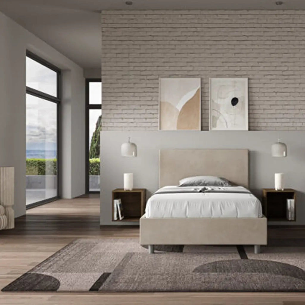 Letto una piazza e mezza con rete imbottito 120x210 microfibra sabbia Adele
