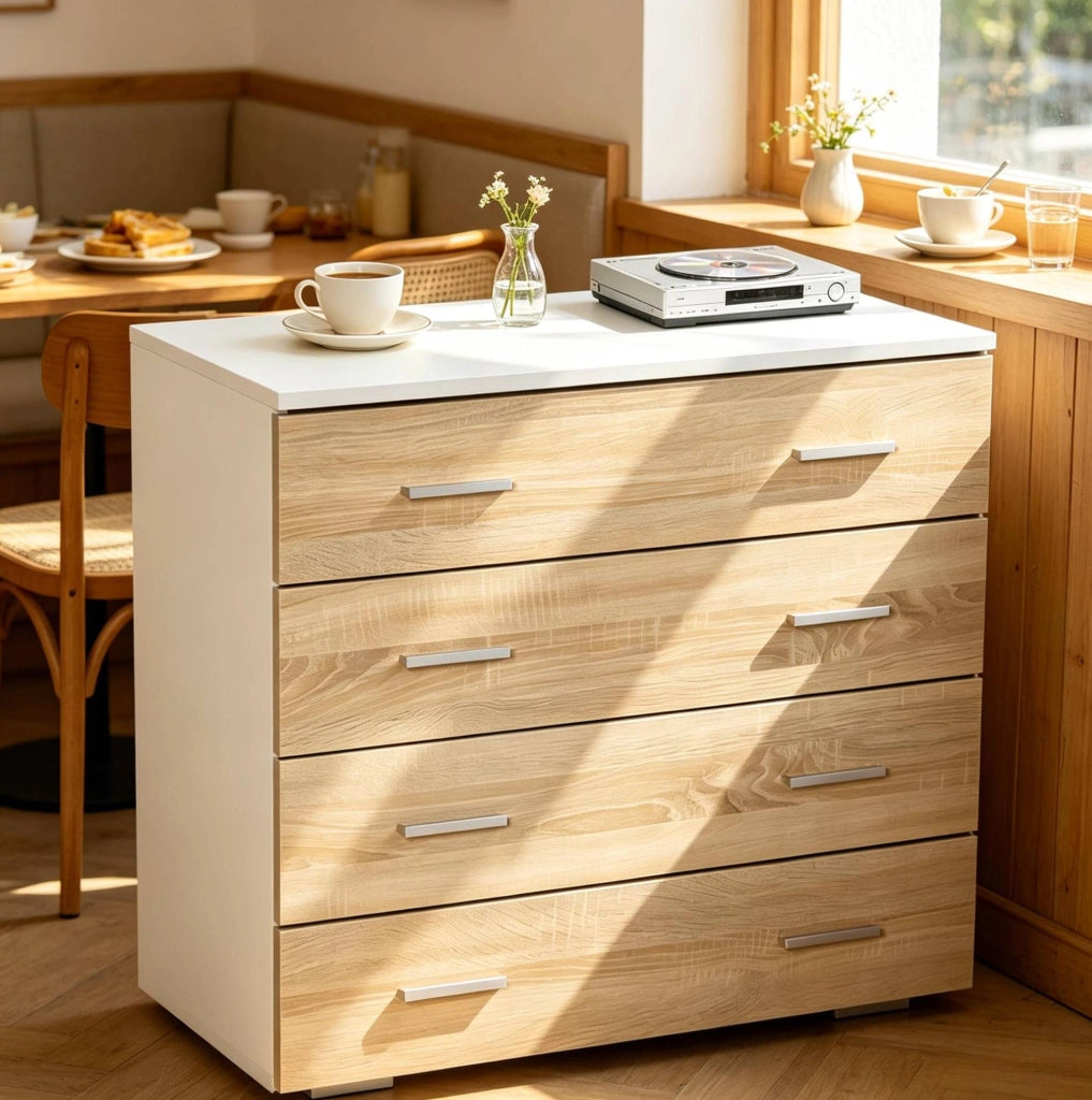 Cassettiera 4 cassetti bianco e legno chiaro 76x35x72 cm