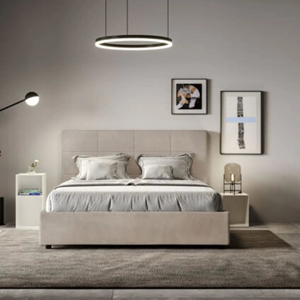 Letto matrimoniale con rete imbottito 160x190 microfibra sabbia Mika