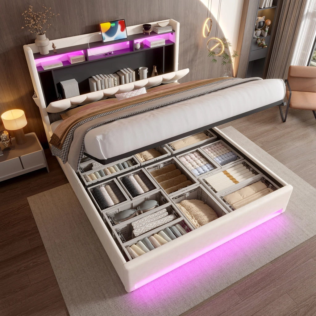 Letto contenitore 140 × 200 cm con testiera apribile; LED; porte USB e Type-C; rivestito in velluto beige