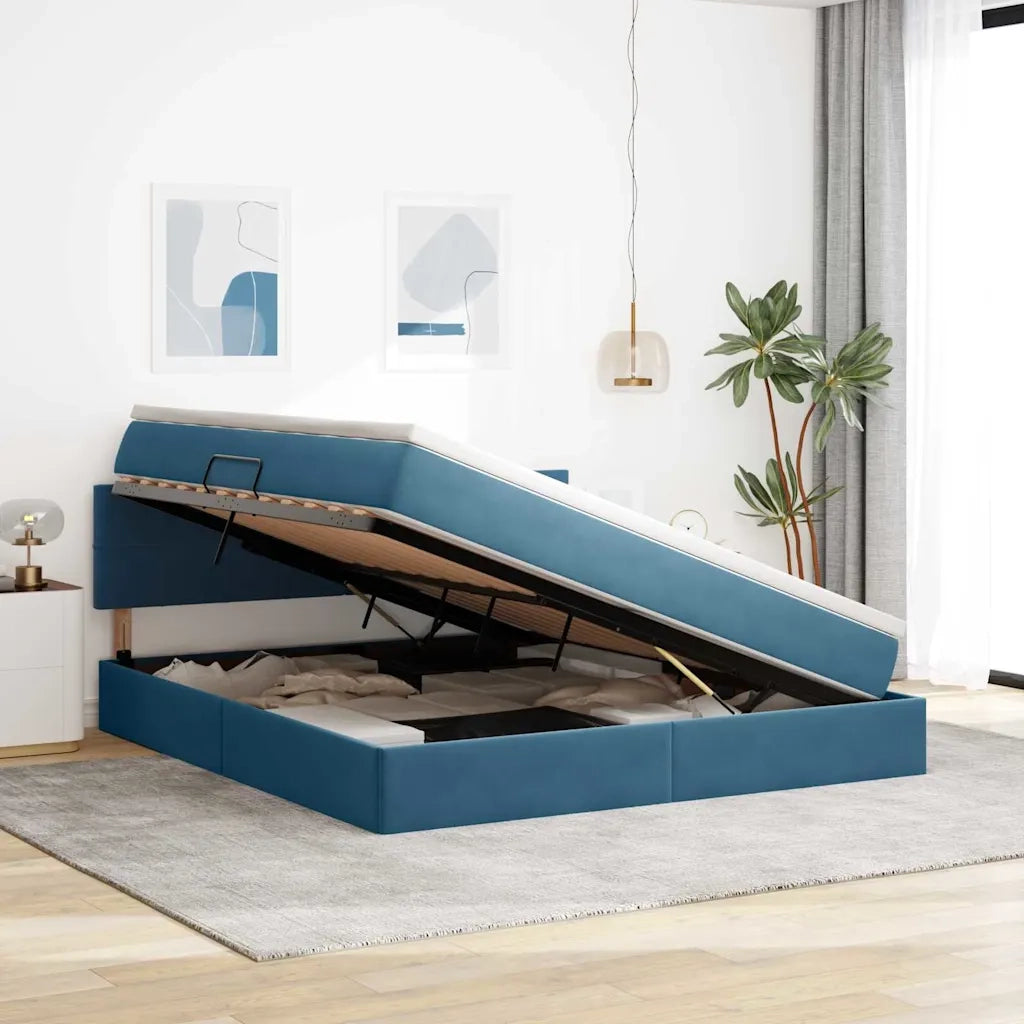 Letto con contenitore e LED Blu Scuro 160 x 200 cm Velluto