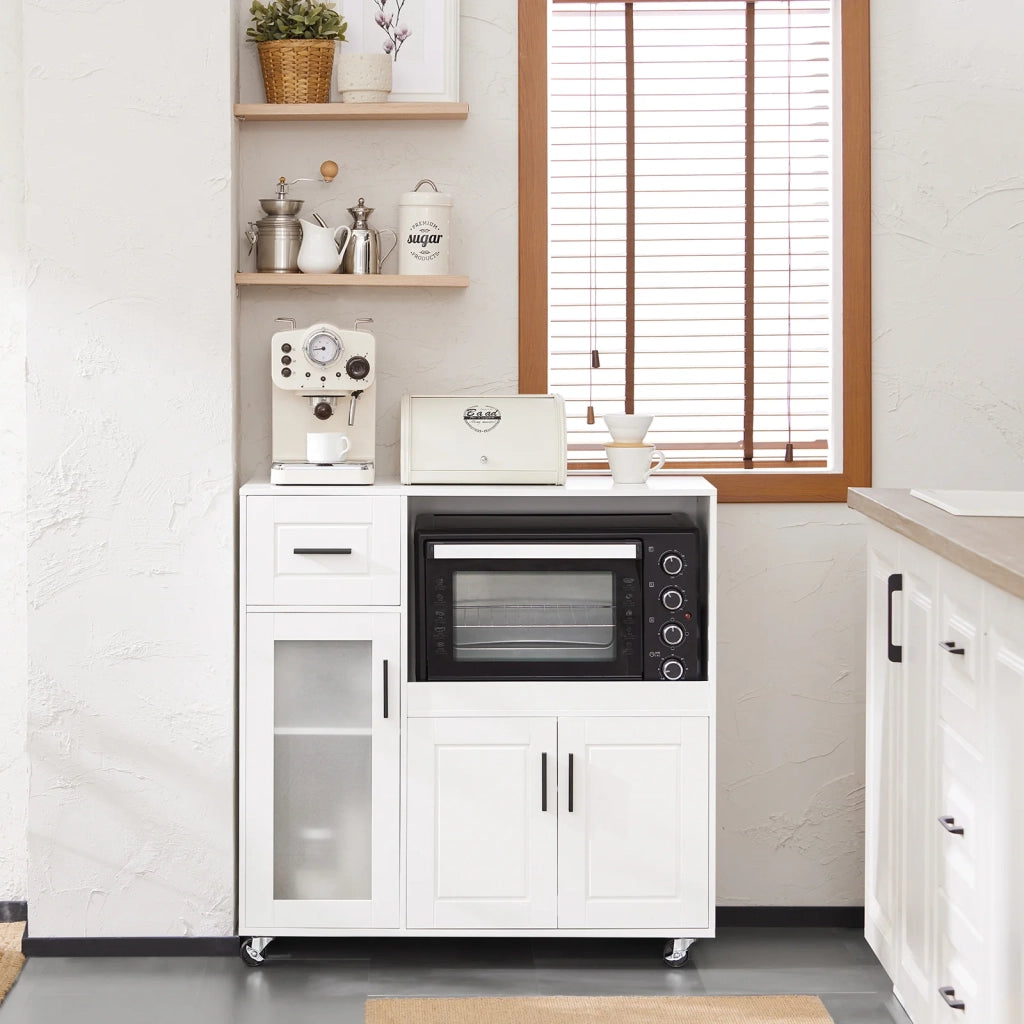 Credenza con ruote Mobile per Microonde da Cucina con 1 Cassetto, 3 Ante Armadio cucina 89x40x89cm coolore bianco FSB78-W SoBuy