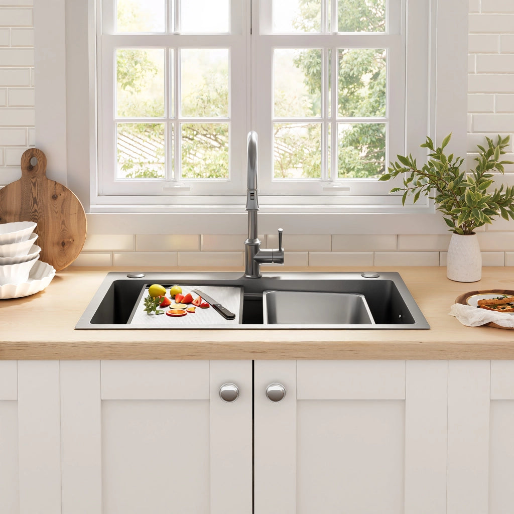 Lavello da cucina a incasso in acciaio inox PVD 75 × 45 × 22 cm con tagliere, cestello e 3 fori rubinetto