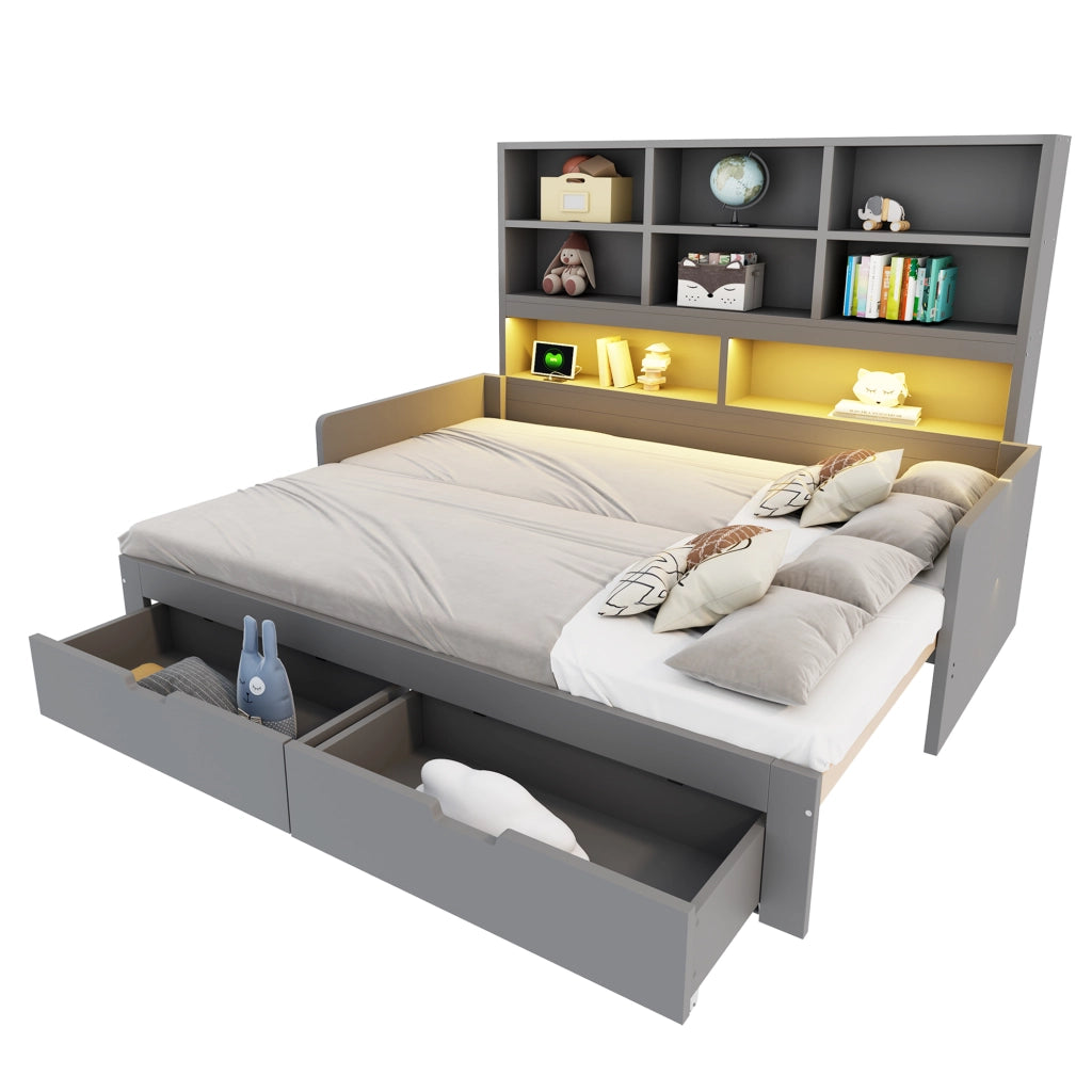 Letto estraibile trasformabile con LED prese ripiani e cassetti in MDF grigio
