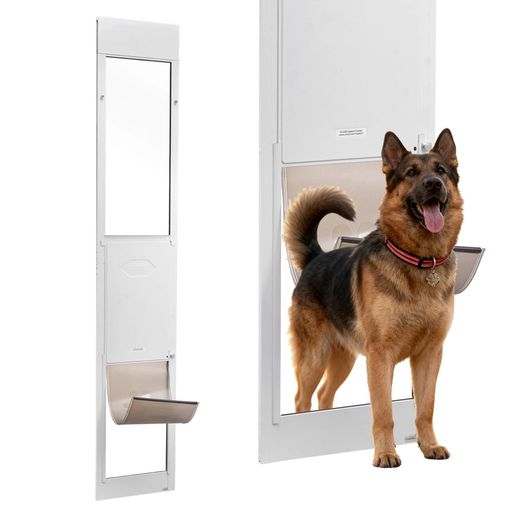 Porta Scorrevole per Cani XL CWM03-XL-H, Telaio in Alluminio e Vetro Temperato, Altezza Regolabile 2311-2439 mm con Serratura, Bianco