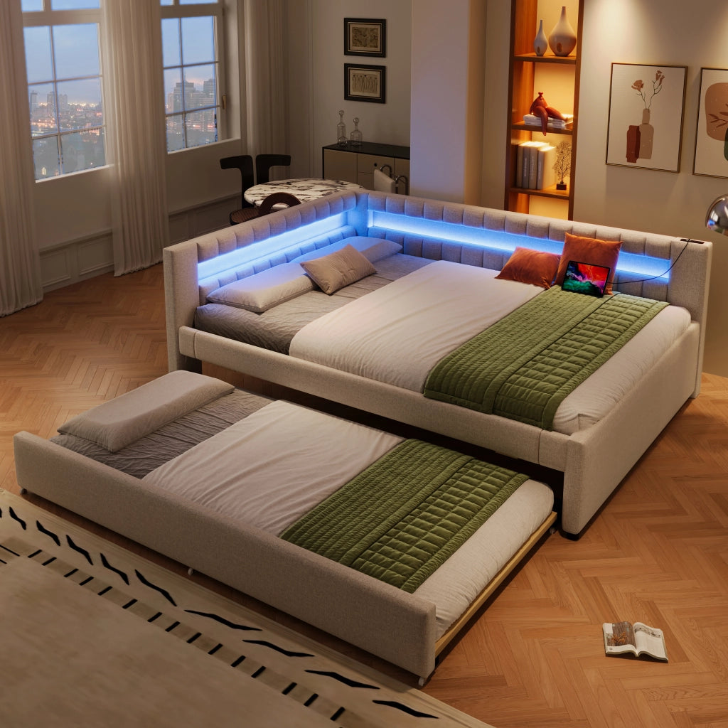 Letto con letto estraibile 140 × 200 cm con LED e porte USB e Type-C struttura in MDF rivestita in lino beige