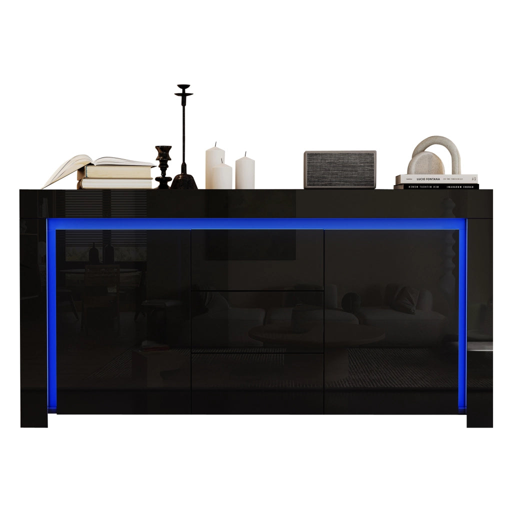 Sideboard moderno 140x40x65 cm con 2 porte; 3 cassetti e LED; nero lucido