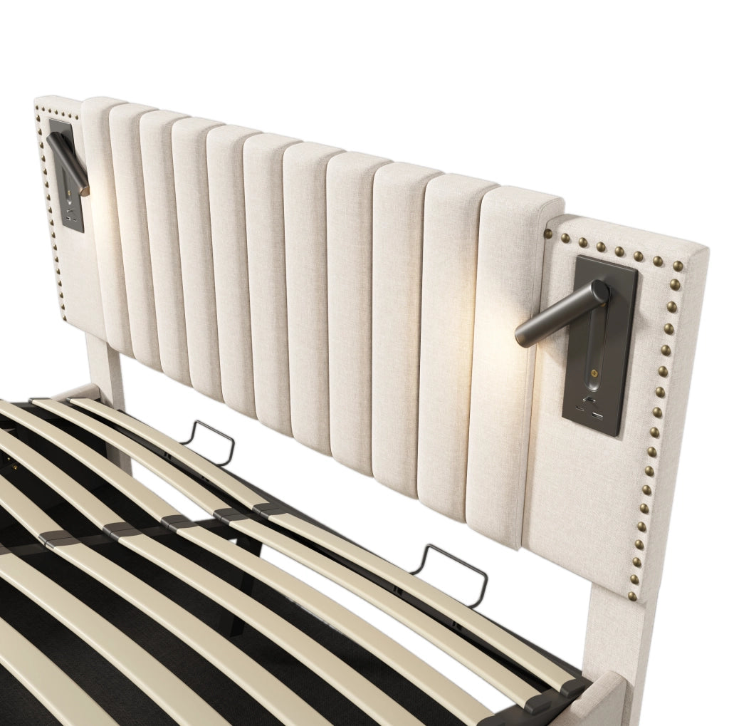 Letto matrimoniale contenitore 180x200 beige con USB e luce