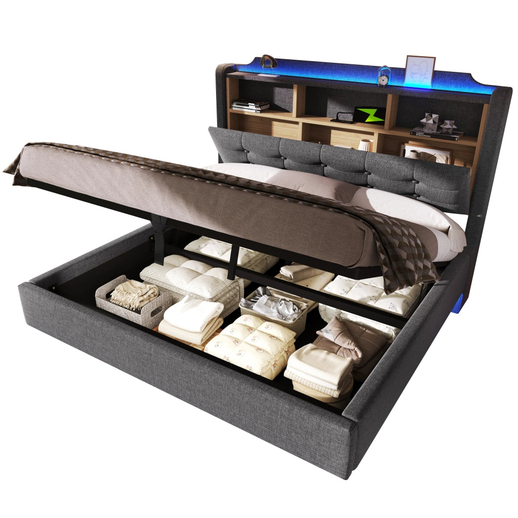 Letto imbottito 140 ¡Á 200 cm con vano idraulico LED USB e tipo C in lino e MDF grigio