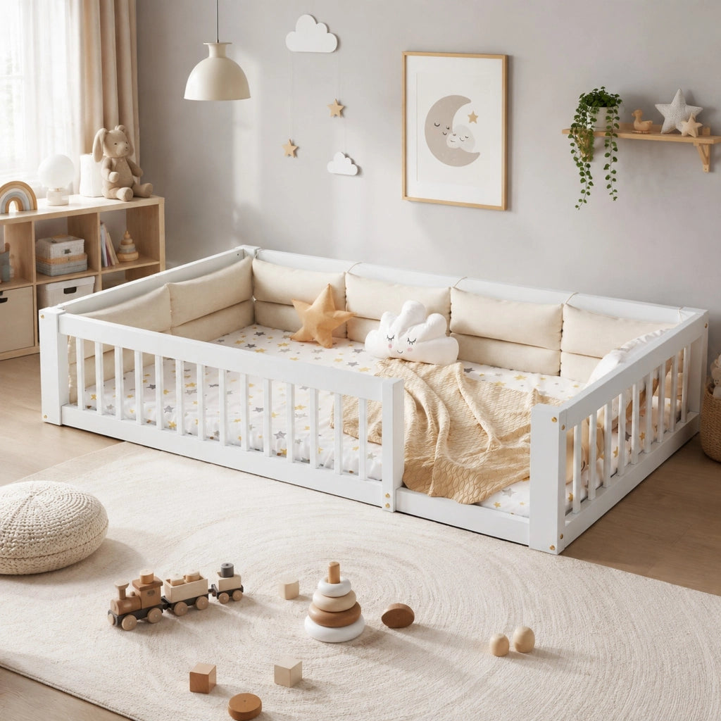 Letto a piattaforma 90 × 200 cm con sponde laterali continue e cuscini fissabili in legno e MDF bianco