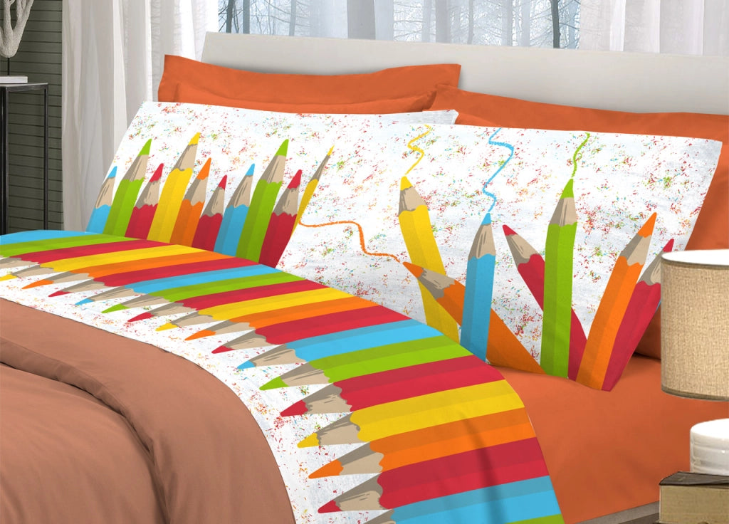 Completo Lenzuola Linea Pensieri Delicati 100% Cotone Disegno Matitoni - Singolo - Multicolor