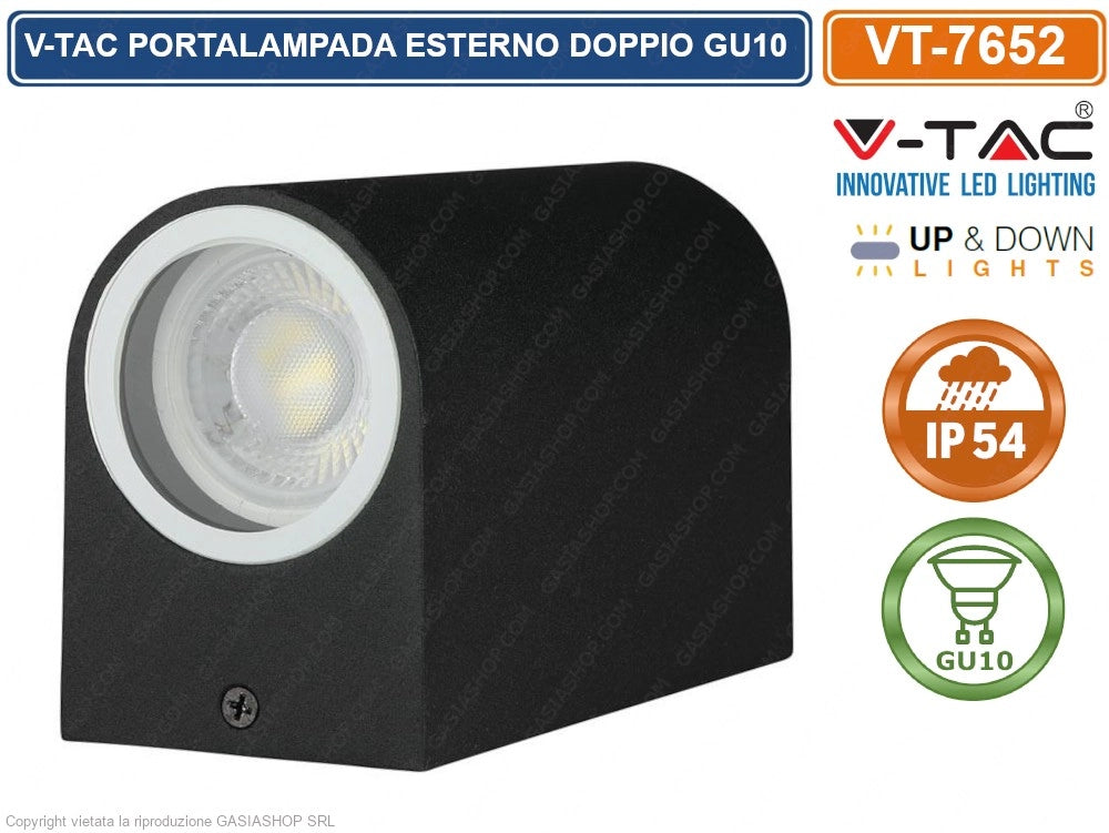 V-TAC VT-7652 PORTALAMPADA DOPPIO WALL LIGHT DA MURO PER 2 LAMPADINE GU10 IP44 NERO - SKU 7509