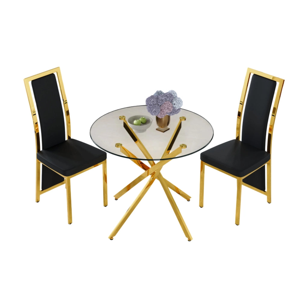 Set tavolo e sedie 88 cm in vetro temperato nero e oro per piccoli spazi