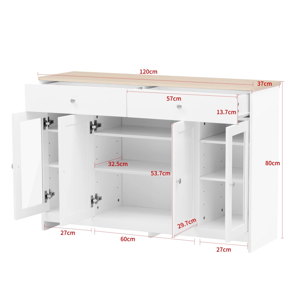 Sideboard rustico 120 cm con 2 cassetti; 4 ante e ripiani regolabili; bianco e legno