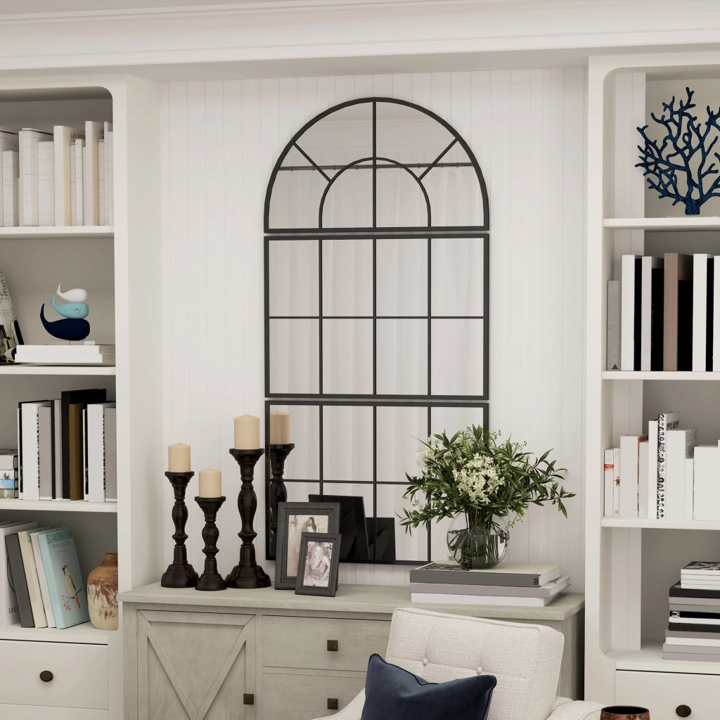 Specchio da parete a 3 pezzi con cornice in metallo nero e vetro da 4 mm; segmenti ad arco e rettangolari