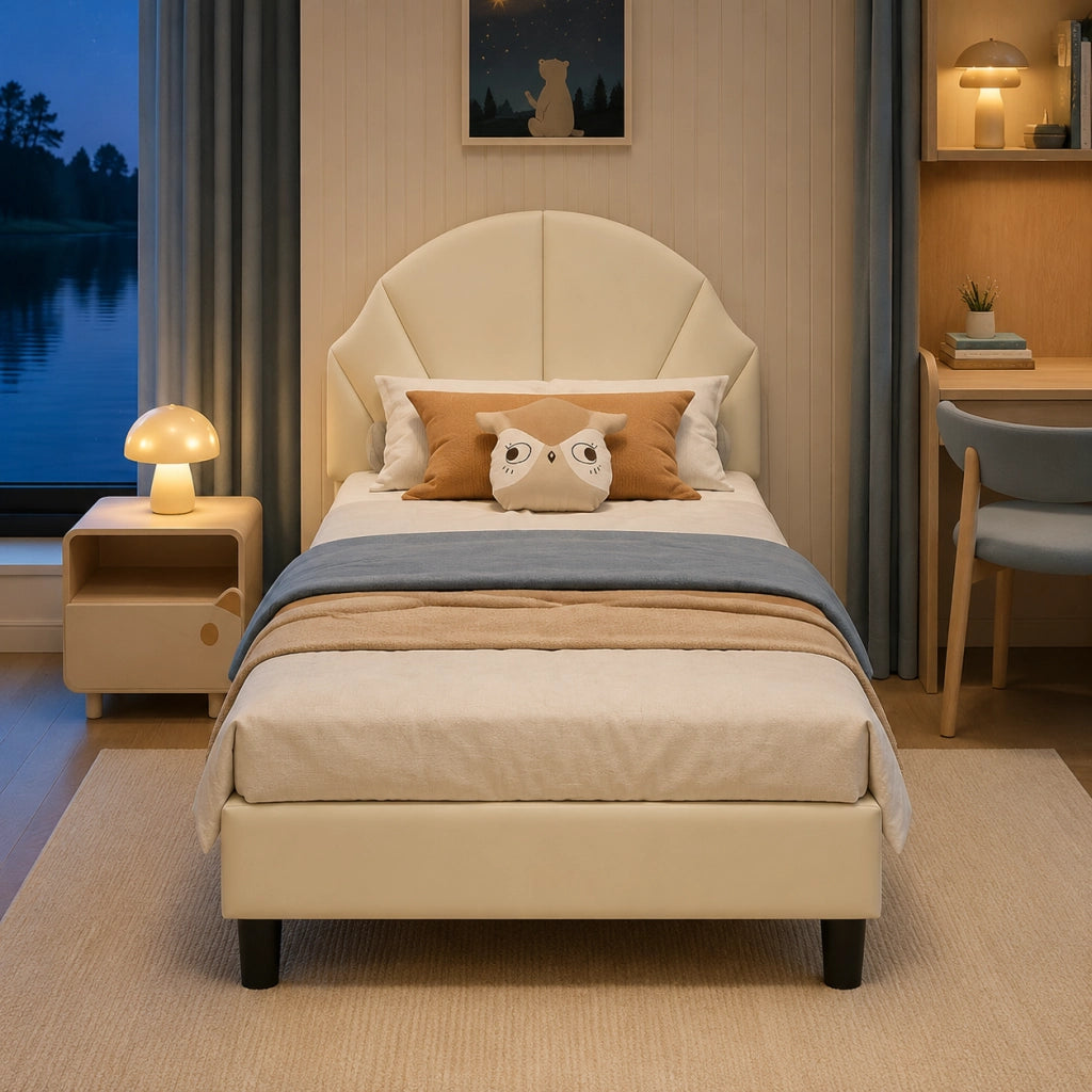 Letto per bambini 90x200 cm; letto singolo imbottito con testiera regolabile e rete a doghe per bambini;adolescenti; velluto; beige; senza materasso