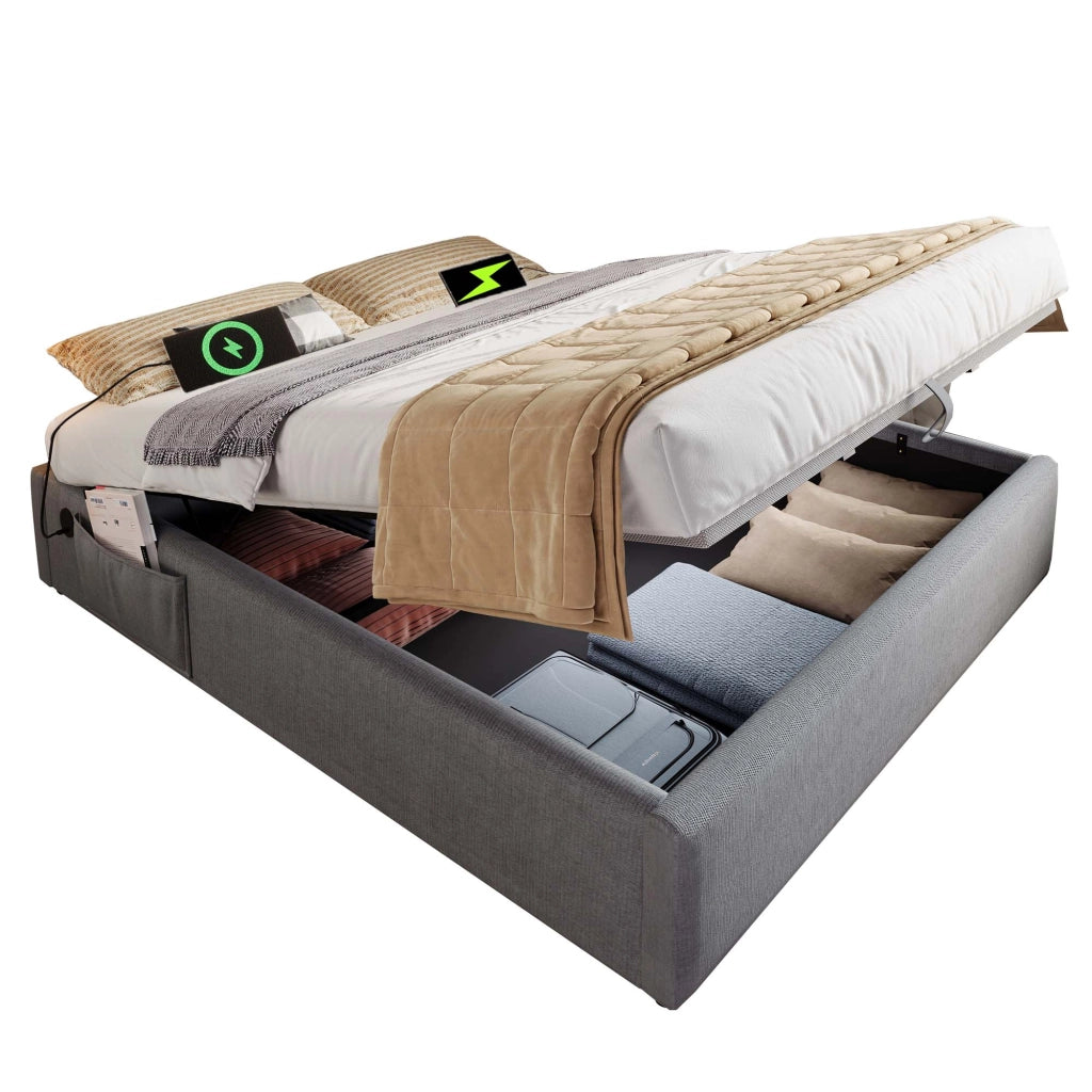 Letto imbottito con contenitore e USB-C, 160x200 cm, cotone grigio