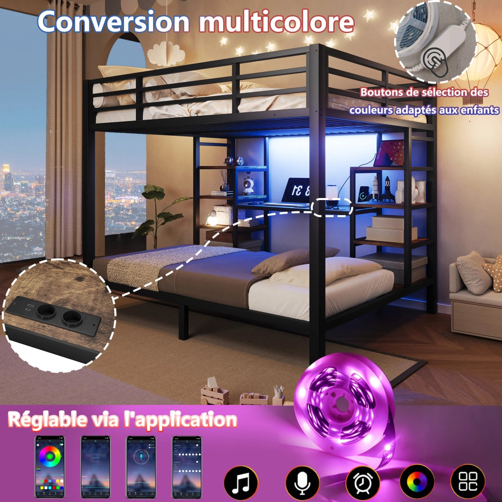 Letto a castello 90 × 200 cm e 140 × 200 cm in metallo e MDF nero con ripiani LED USB e Type-C