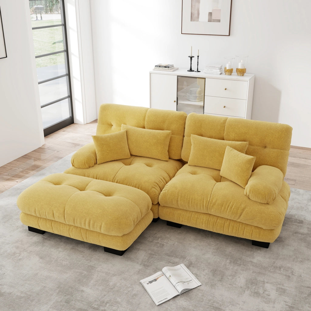 Divano Angolare Chenille 3 Posti con Ottoman e Cuscini ¨C Xylo ¨C Giallo