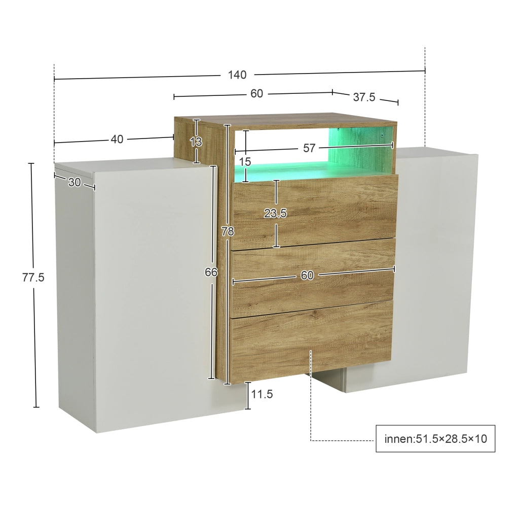 Credenza 140x30x77.5 cm con LED multicolore e 3 cassetti in MDF