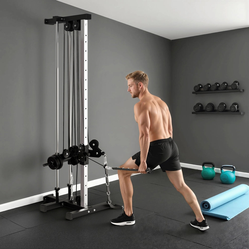 Lat Machine da Parete 62x60x200 cm con Pulegge Regolabili Stazione a Cavi con Pulldown e Carico Pesi Regolabile in