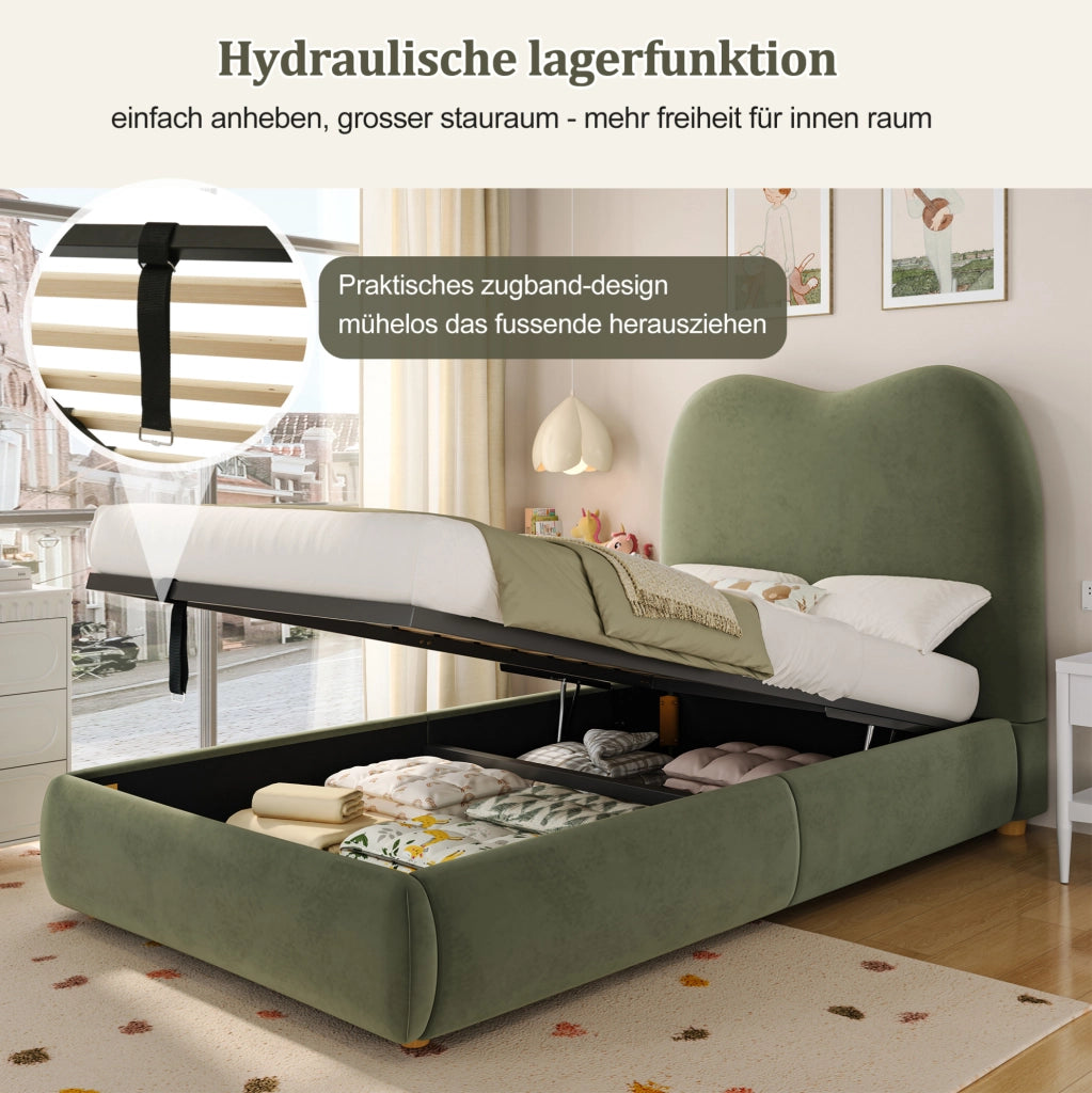 Letto imbottito per bambini verde in velluto con contenitore