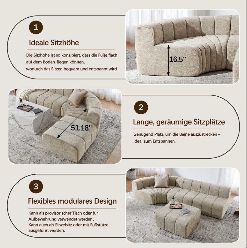 Divano angolare modulare a 4 posti in chenille marrone con moduli combinabili e seduta versatile per salotto