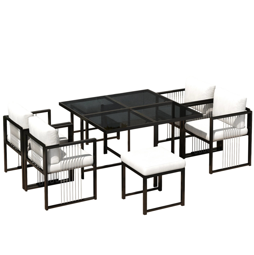 Set da pranzo da esterno 7 pezzi per 6 persone con tavolo quadrato in vetro temperato e sedie con cuscini sfoderabili