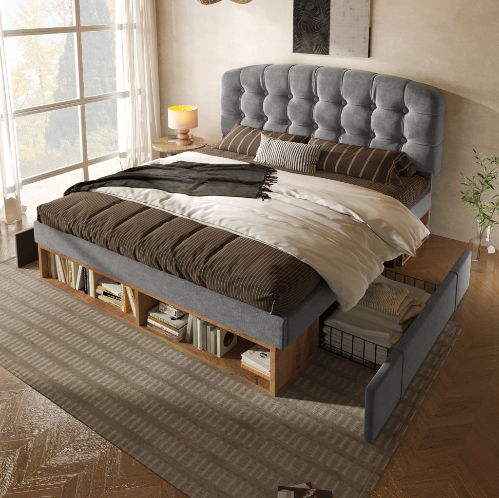 Letto singolo 90x200 in velluto grigio con testiera regolabile， rete a doghe， cassetti e vani portaoggetti， ideale per camera da letto， senza materasso