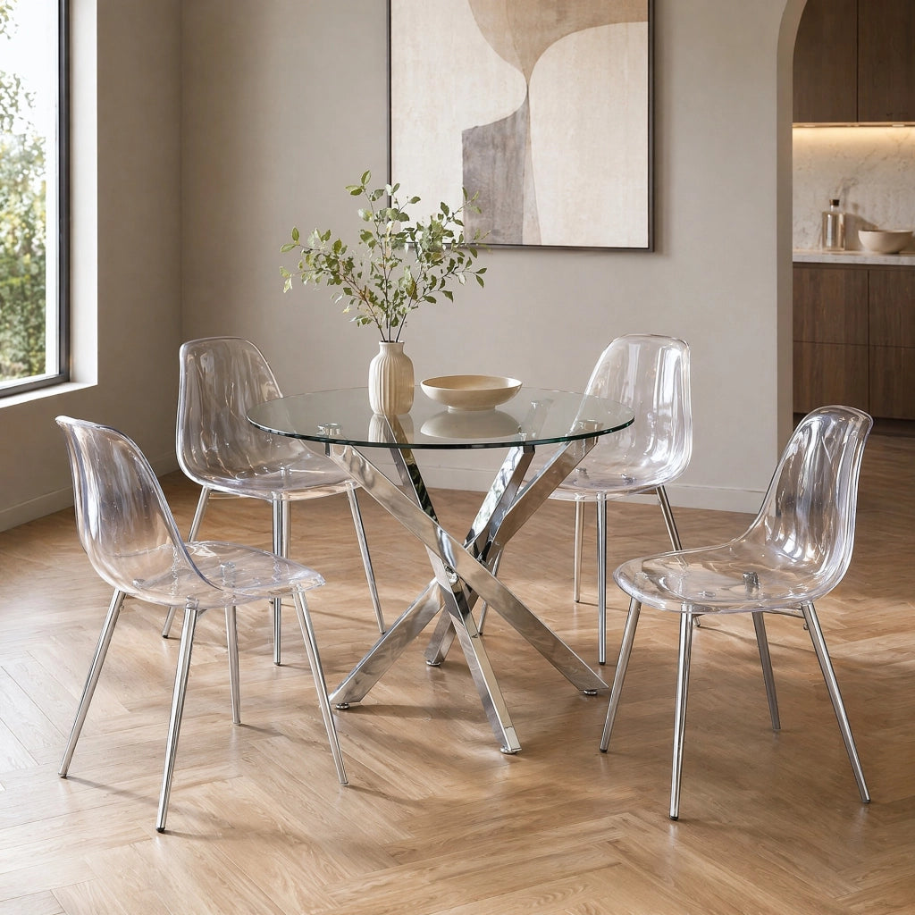 Set di 4 sedie da pranzo trasparenti in ABS con gambe in metallo color argento per sala da pranzo e ufficio