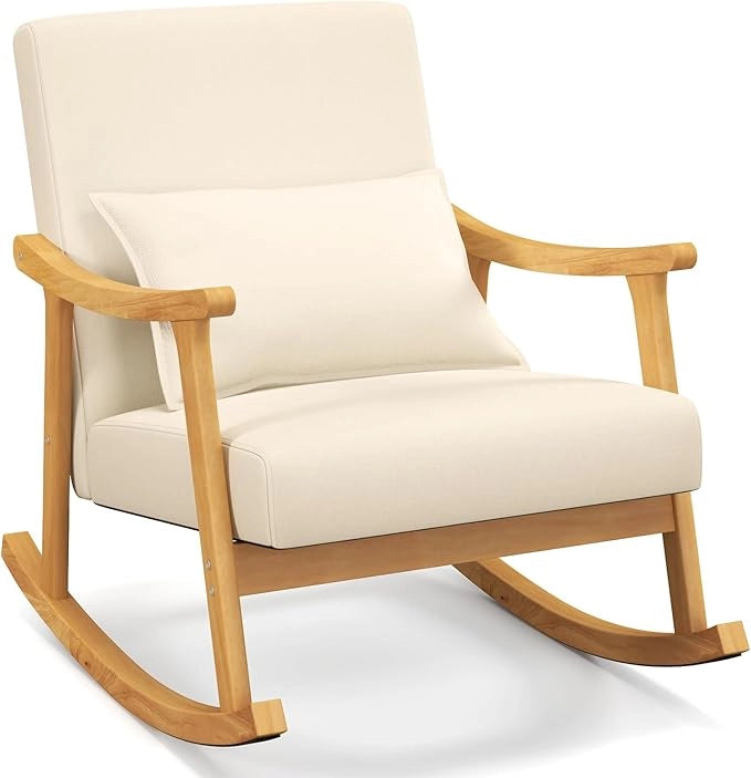 Sedia a Dondolo, Sedia Ergonomica Relax con Schienale Alto e Cuscino Seduta Imbottito, Struttura in Legno di Gomma Naturale e Cuscino Lombare Morbino, Poltrona Moderno per Soggiorno (Beige)