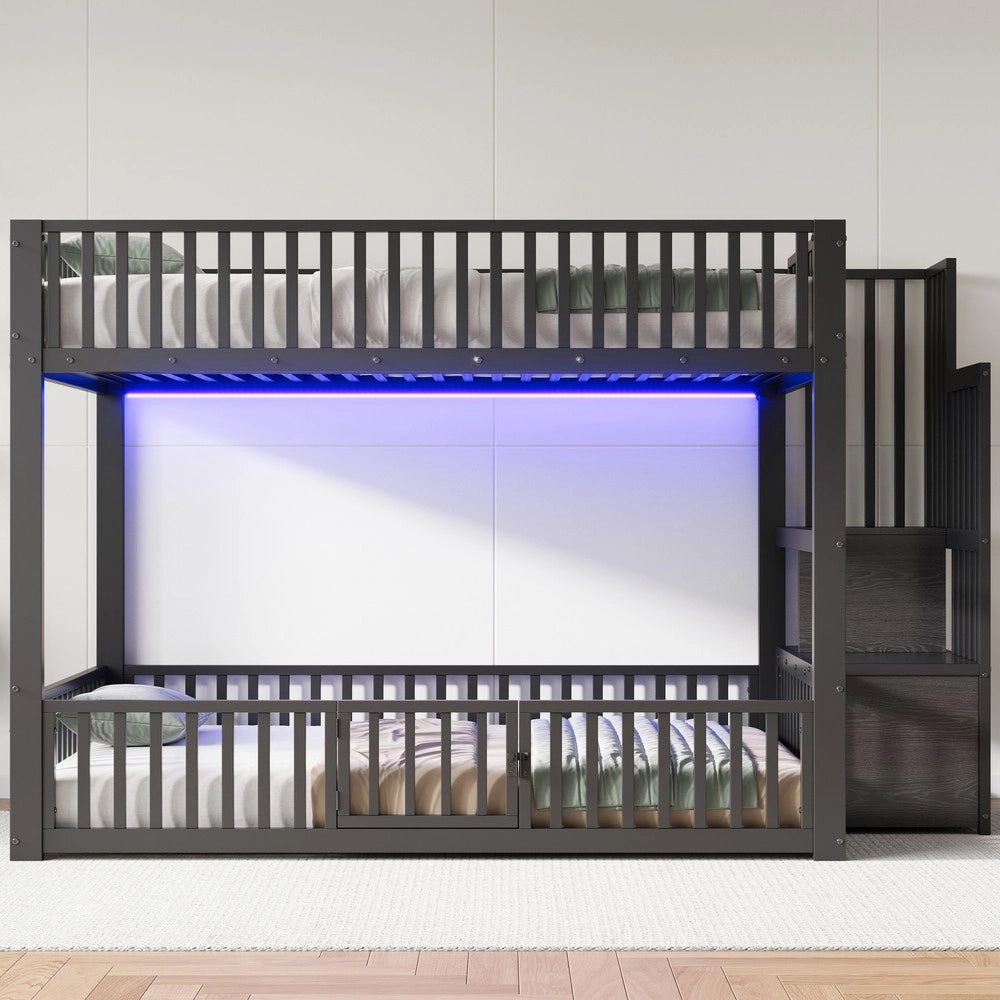 Letto a Castello con LED e Scala Contenitore ¨C Xylo ¨C Nero 140x200