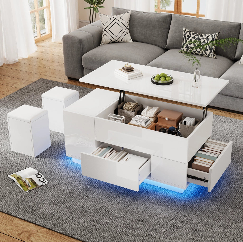 TAVOLINO DA CAFFÈ Sollevabile 100x50x45 cm Bianco con LED e 2 Pouf