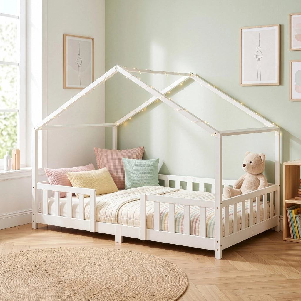 Letto per Cameretta Treviolo a Forma di Casetta in Stile Montessori 140x200 cm Bianco [en.casa]