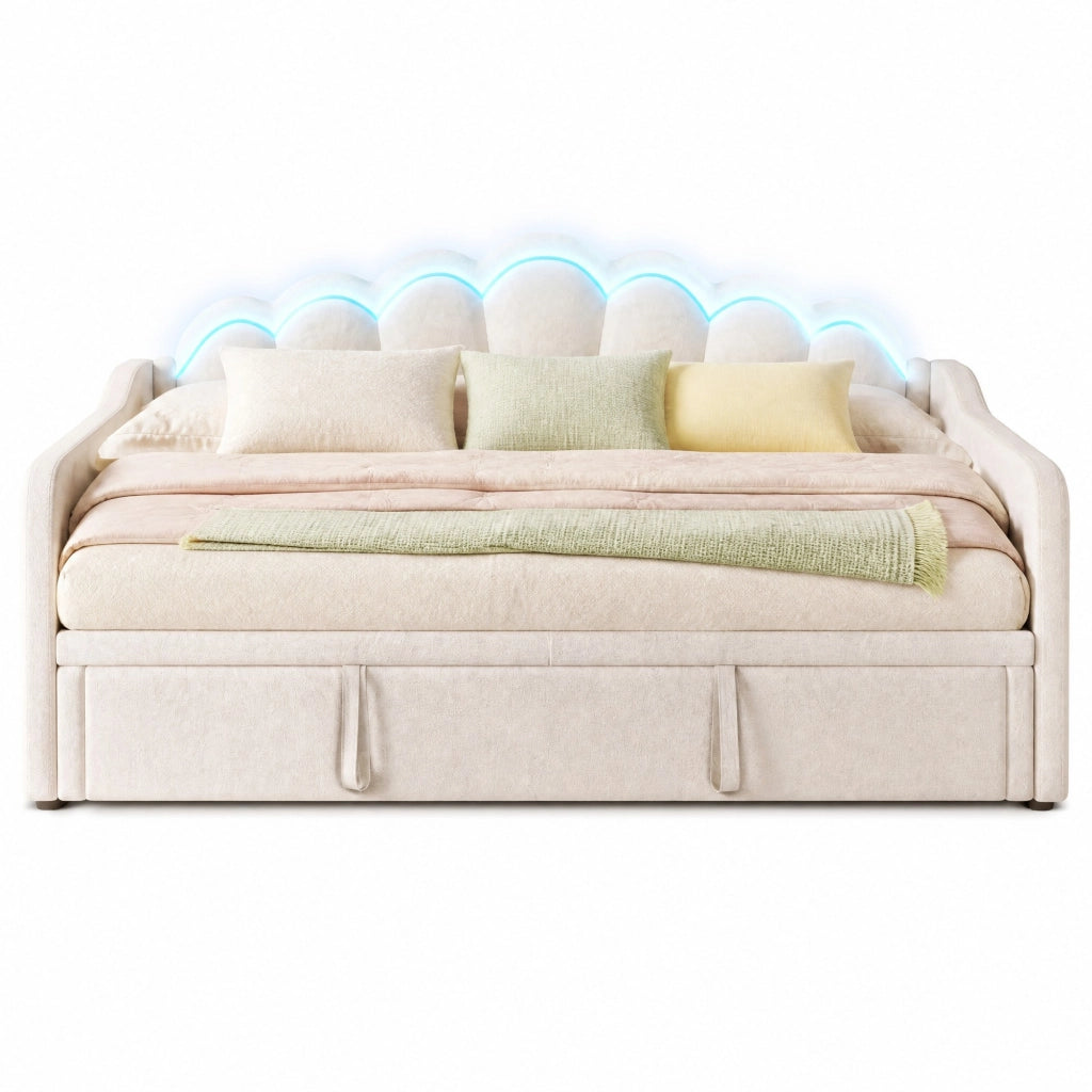 Letto estraibile singolo in velluto beige 90 × 200 cm con LED multicolore e secondo letto