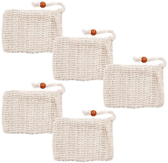 Set di Sacchetti per lo Scrub 5 pezzi - Exfoliante Organico - Sisal Naturale - Sostenibile e Ecologico - 4 x 5,5 Pollici - Ideali per la Pelle Sensibile - Sacchetti per lo Scrub