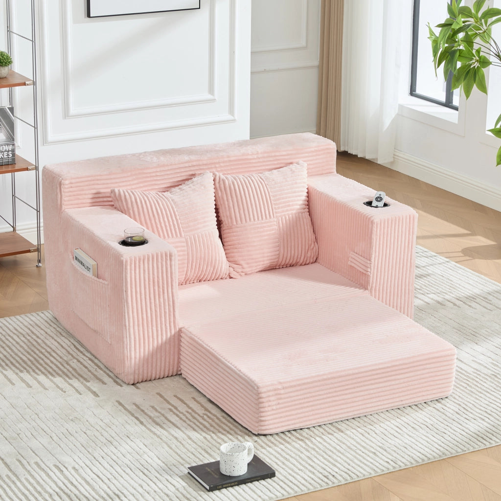 Divano due posti rosa 151 x 133 x 64 cm con cuscini e portabicchieri; velluto a coste