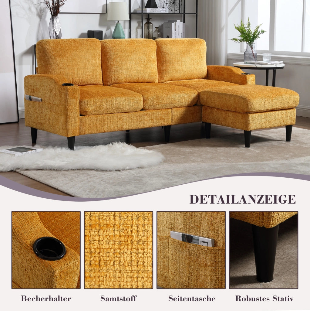 DIVANO 4 POSTI 196,5x75x77 cm in Chenille Giallo con Pouf e Contenitore