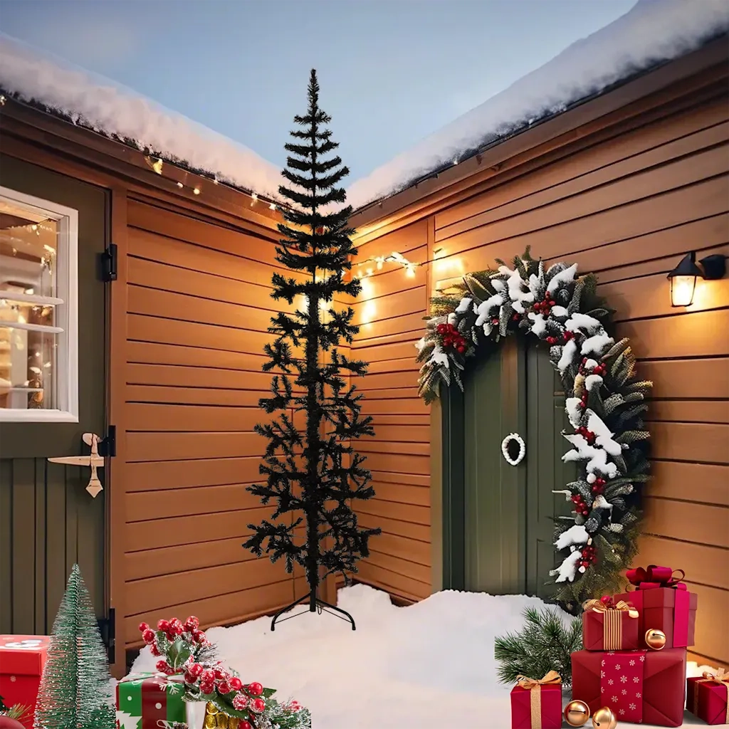 Albero Natale Artificiale Sottile a Met¨¤ e Supporto-Albero Natalizio Nero 240 cm