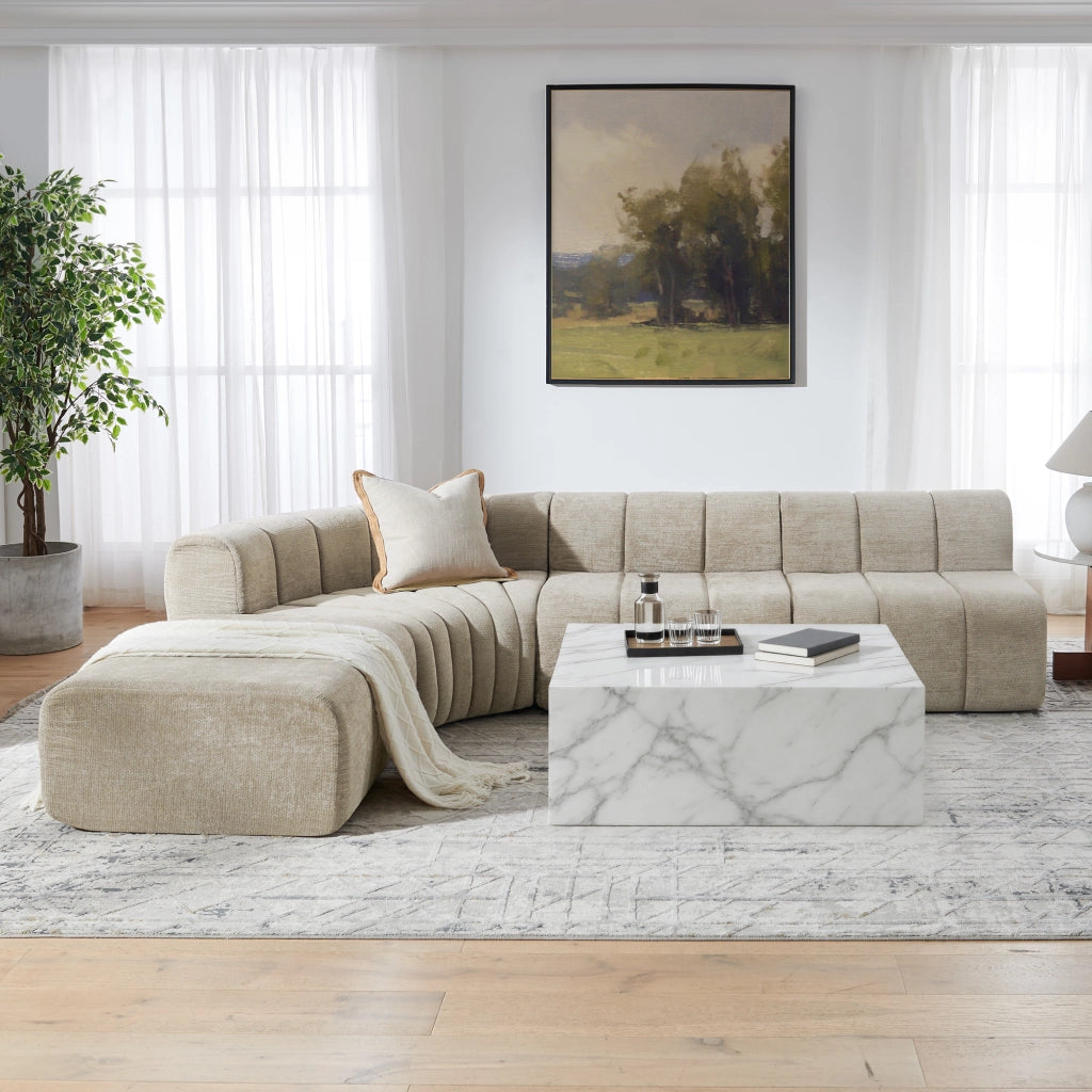 Divano angolare modulare a 4 posti in chenille marrone con moduli combinabili e seduta versatile per salotto