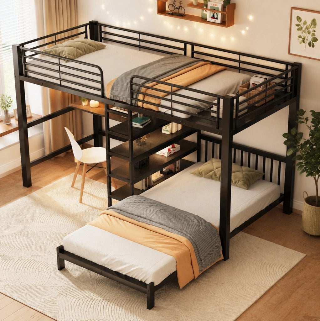 Letto a soppalco 90x200 cm con scrivania, scale contenitive e prese integrate