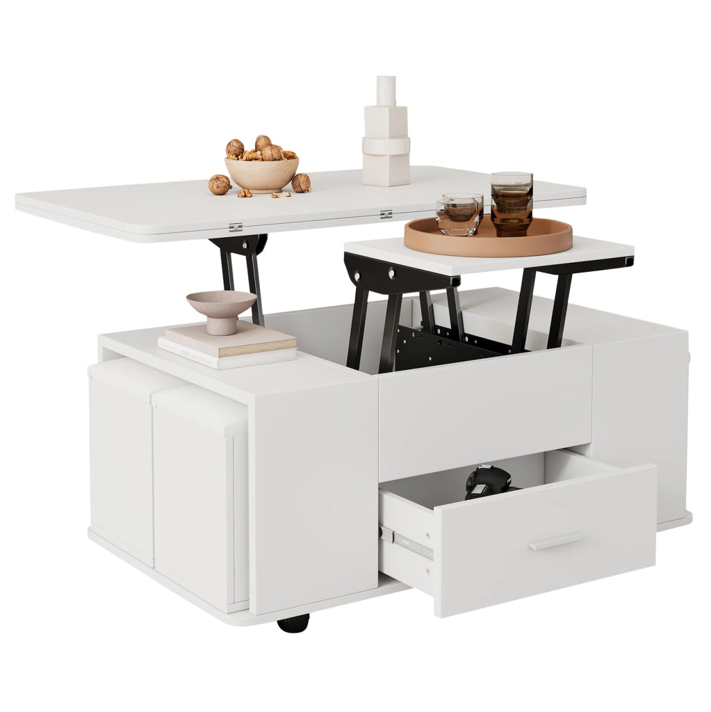 TAVOLO da caffè sollevabile 100 x 50 cm bianco con 4 sgabelli