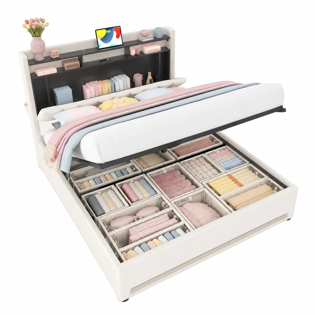 Letto matrimoniale 160x200 cm in velluto beige con LED, USB Type-C e contenitore