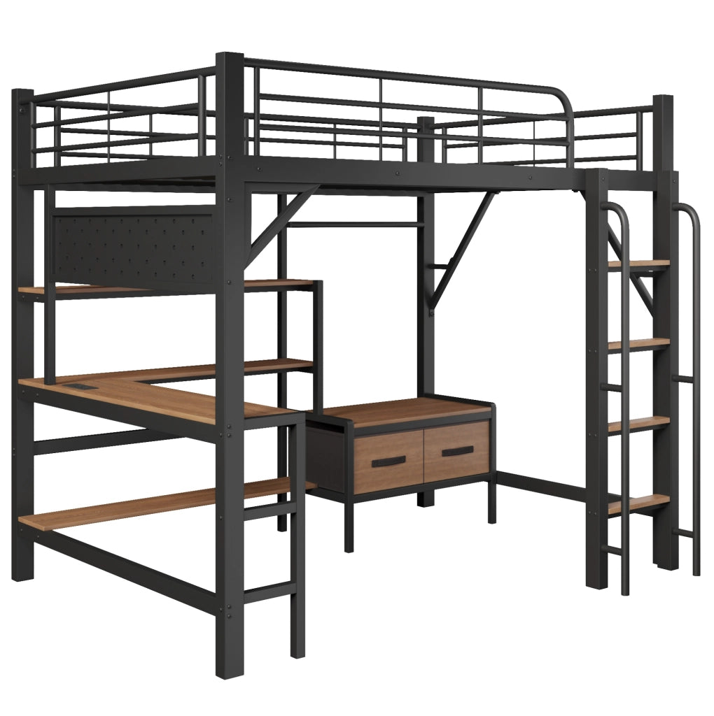 Letto a soppalco 140x200 cm con scrivania, scaffali, LED e USB