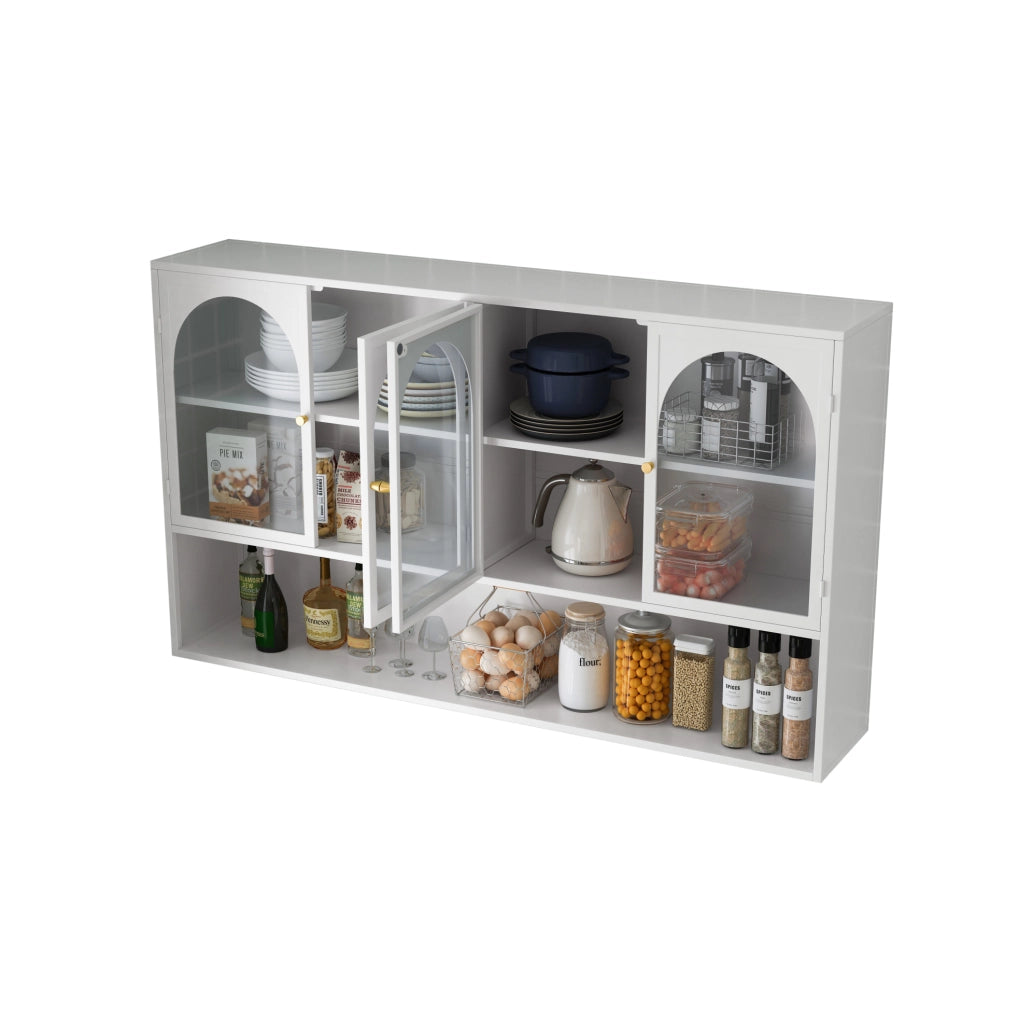 Armadio da Parete con 4 Ante in Vetro Grigio 120x23x70 cm per Cucina, Soggiorno e Bagno, Struttura in Metallo Bianca