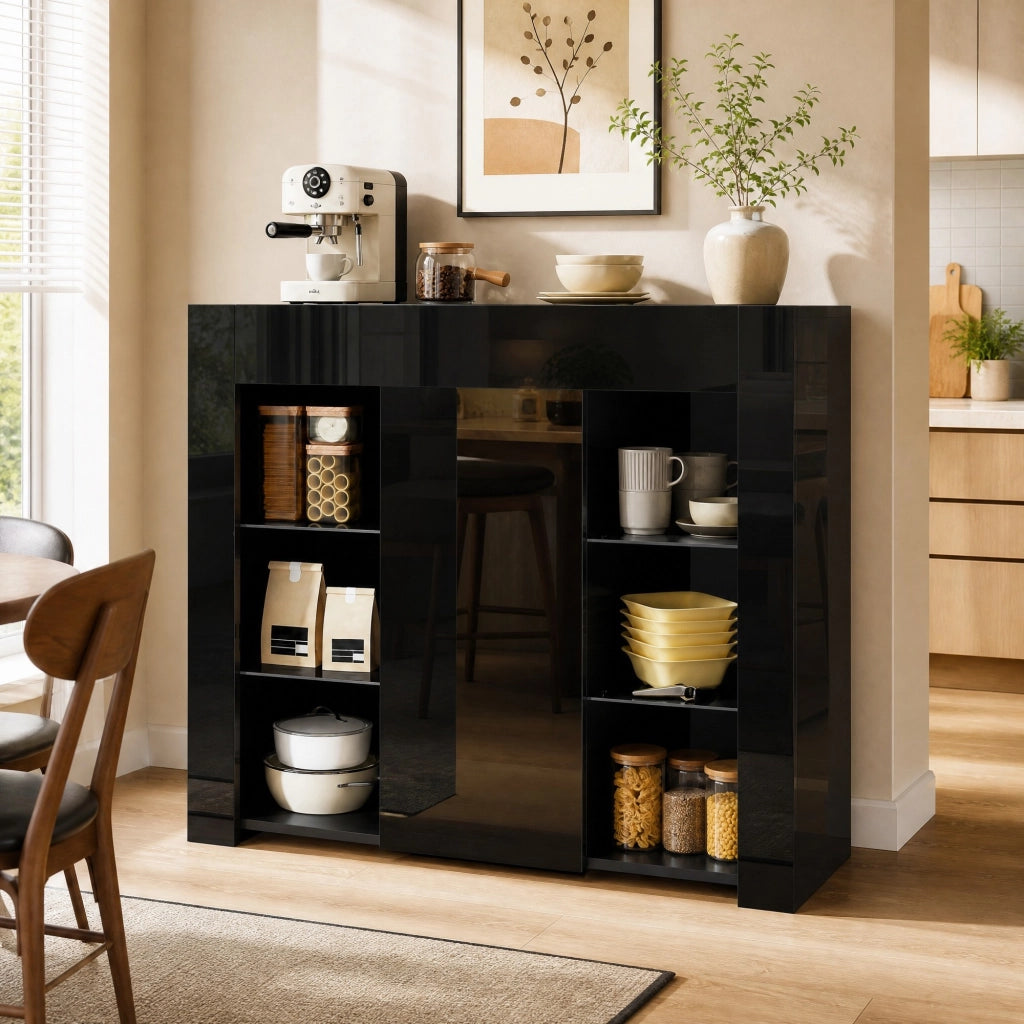 Credenza moderna nera con frontale lucido e ripiani in vetro; 95x35x83 cm