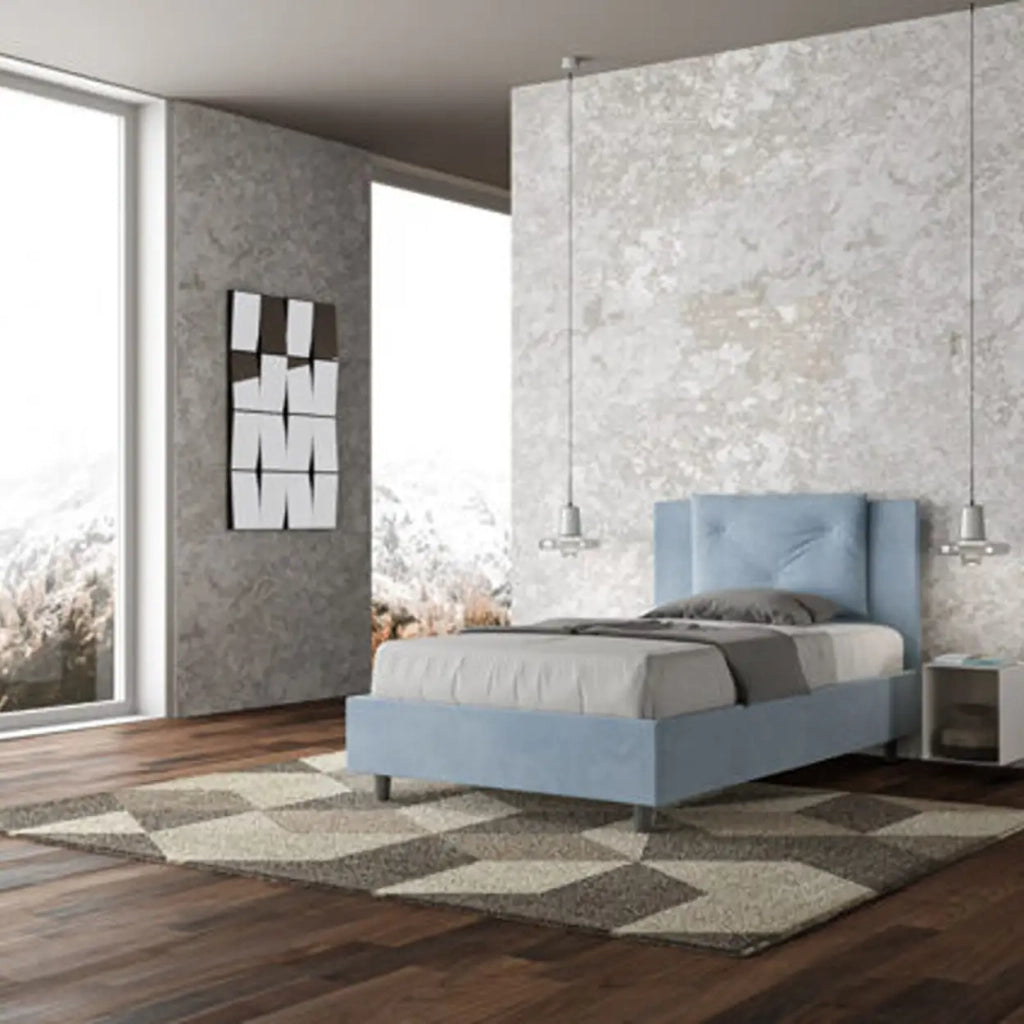 Letto una piazza e mezza contenitore imbottito 120x200 microfibra azzurro Appia