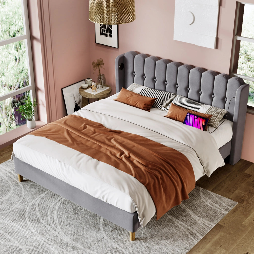 LETTO Matrimoniale 140x200 cm in lino grigio con USB e Type-C