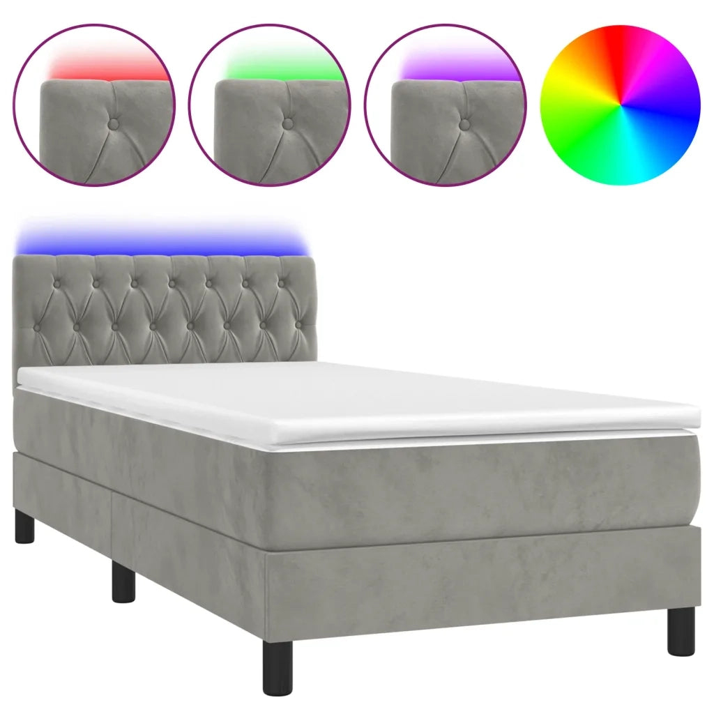 Letto a Molle con Materasso e LED Grigio Chiaro 100x200 cm Velluto