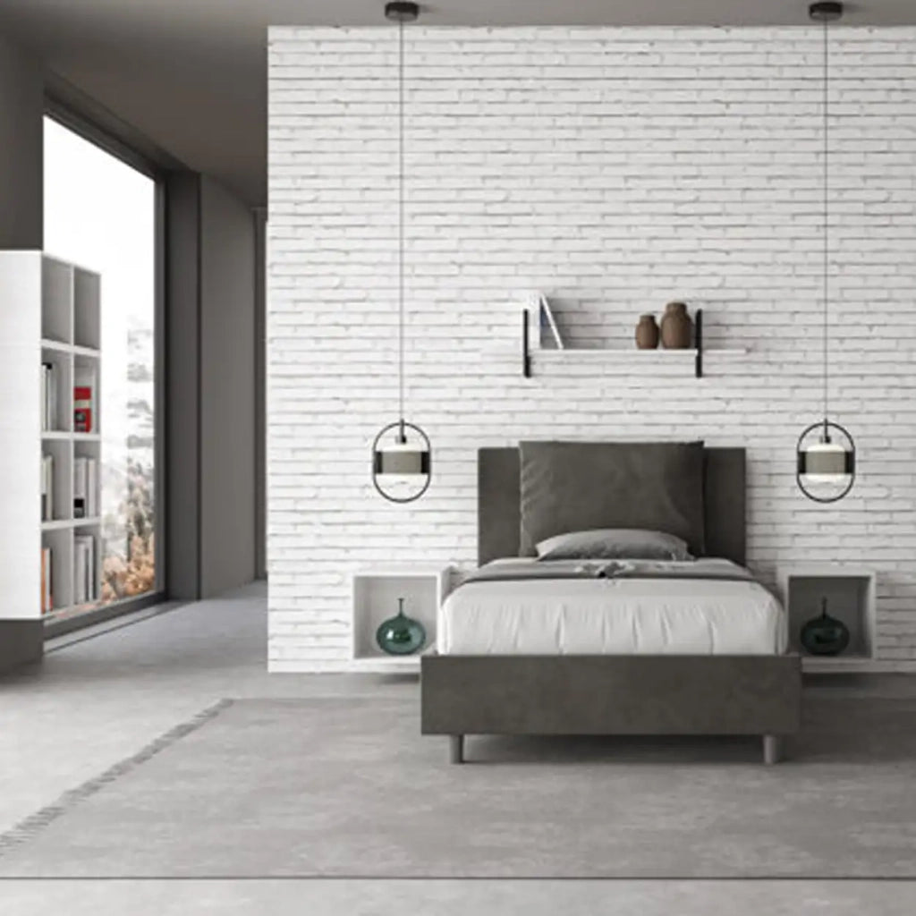 Letto una piazza e mezza contenitore imbottito 120x210 microfibra grigio Antea